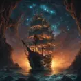 Pirate Ship, Intricate, Ultra Detailed, Symmetry, Beautiful, Sharp Focus, Astrophotography, Centered, Volumetric Lighting by Dan Mumford, Marc Simonetti