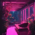 A beautiful render of city sunroom by georgia o'keeffe, galactic alien synthwave rainforest noir thermal imaging myst uv light, flowers, Highly Detailed, Cinematic Lighting, Neon, Concept Art