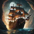 Pirate Ship, Intricate, Ultra Detailed, Symmetry, Beautiful, Sharp Focus, Astrophotography, Centered, Volumetric Lighting by Dan Mumford, Marc Simonetti