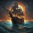 Pirate Ship, Intricate, Ultra Detailed, Symmetry, Beautiful, Sharp Focus, Astrophotography, Centered, Volumetric Lighting by Dan Mumford, Marc Simonetti