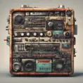 a bentobox that contains musical instruments including an 80's synthesizer at the bottom and effect pedals and tape cassette loopers, in the style of circuit bending, beat up, duct tape, screws, circuits, wires, dirty, broken, capacitors, cables, grunge, 8k, Highly Detailed, Vintage Illustration, Sharp Focus, Smooth, Octane Render