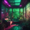 A beautiful render of a green city sunroom, galactic alien synthwave rainforest noir thermal imaging myst uv light, flowers, Highly Detailed, Cinematic Lighting, Neon, Concept Art