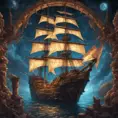 Pirate Ship, Intricate, Ultra Detailed, Symmetry, Beautiful, Sharp Focus, Astrophotography, Centered, Volumetric Lighting by Dan Mumford, Marc Simonetti