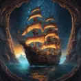 Pirate Ship, Intricate, Ultra Detailed, Symmetry, Beautiful, Sharp Focus, Astrophotography, Centered, Volumetric Lighting by Dan Mumford, Marc Simonetti