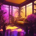 A beautiful render of a yellow city sunroom, galactic alien synthwave rainforest noir thermal imaging myst uv light, flowers, Highly Detailed, Cinematic Lighting, Neon, Concept Art