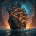 Pirate Ship, Intricate, Ultra Detailed, Symmetry, Beautiful, Sharp Focus, Astrophotography, Centered, Volumetric Lighting by Dan Mumford, Marc Simonetti