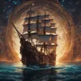Pirate Ship, Intricate, Ultra Detailed, Symmetry, Beautiful, Sharp Focus, Astrophotography, Centered, Volumetric Lighting by Dan Mumford, Marc Simonetti