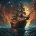 Pirate Ship, Intricate, Ultra Detailed, Symmetry, Beautiful, Sharp Focus, Astrophotography, Centered, Volumetric Lighting by Dan Mumford, Marc Simonetti