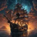 Pirate Ship, Intricate, Ultra Detailed, Symmetry, Beautiful, Sharp Focus, Astrophotography, Centered, Volumetric Lighting by Dan Mumford, Marc Simonetti