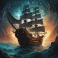 Pirate Ship, Intricate, Ultra Detailed, Symmetry, Beautiful, Sharp Focus, Astrophotography, Centered, Volumetric Lighting by Dan Mumford, Marc Simonetti
