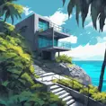 Grey concrete structure on a cliff, coastal view, contemporary, high contrast, cell shading, strong shadows, vivid hues, azure ocean, lush vegetation, tropical, Contemporary, Digital Painting, Anime, Cozy