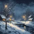 Tee shirt design Snowy midnight scene in winter. impressionist style, Matte Painting