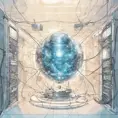 Drawing of a cosmic extraterrestrial technology healing chamber, with many cables connecting the chamber to a large translucent transparent crystal. a body silhouette inside. Ambient aircraft, Cybernatic and Sci-Fi