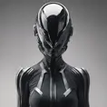 An ultrarealistic photograph of a minimalist futuristic full body power suit, without lights, made of black mate metal and polymer, full crystal hull, for a fit woman, 8k, Dystopian, Minimalism, Elegant