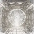 Drawing of a cosmic extraterrestrial technology healing chamber, with many cables connecting the chamber to a large translucent transparent crystal. a body silhouette inside. Ambient aircraft, Cybernatic and Sci-Fi