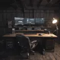 A dark industrial wood desk with many monitors, Photo Realistic, Volumetric light effect, Octane Render, Unreal Engine, Ambient Occlusion, Maximalism, Industrial