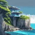 Grey concrete structure on a cliff, coastal view, contemporary, high contrast, cell shading, strong shadows, vivid hues, azure ocean, lush vegetation, tropical, Contemporary, Digital Painting, Anime, Cozy