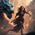 Beautiful sorceress girl running away from dragon, Gothic and Fantasy, Stunning, Digital Painting, Cinematic Lighting, Sharp Focus