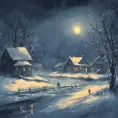 Tee shirt design Snowy midnight scene in winter. impressionist style, Matte Painting