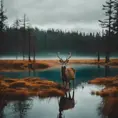 A deer among the trees, forest lake, moss, cold weather, dark teal and amber, Minimalism, Cinematic Lighting