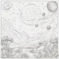 Coloring book with simple and artistic art of a constellation with shooting stars and the solar system, Matte Painting