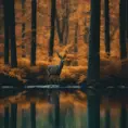 A deer among the trees, forest lake, moss, cold weather, dark teal and amber, Minimalism, Cinematic Lighting