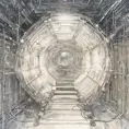 Drawing of a cosmic extraterrestrial technology healing chamber, with many cables connecting the chamber to a large translucent transparent crystal. a body silhouette inside. Ambient aircraft, Cybernatic and Sci-Fi