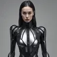 An ultrarealistic photograph of a minimalist futuristic full body power suit, without lights, made of black mate metal and polymer, full crystal hull, for a fit woman, 8k, Dystopian, Minimalism, Elegant