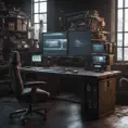 A dark industrial wood desk with many monitors, Photo Realistic, Volumetric light effect, Octane Render, Unreal Engine, Ambient Occlusion, Maximalism, Industrial