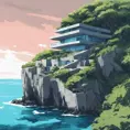 Grey concrete structure on a cliff, coastal view, contemporary, high contrast, cell shading, strong shadows, vivid hues, azure ocean, lush vegetation, tropical, Contemporary, Digital Painting, Anime, Cozy