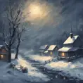 Tee shirt design Snowy midnight scene in winter. impressionist style, Matte Painting