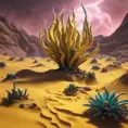 Create a surreal desert with alien plants, the plants are shaped like canary_yellow_perlwhite,are partially transparent with tentacles and spines, in the sand laying pearls,  backdrop is the storm of cosmic dust and cosmic clouds the heaven is dark colored unreal engine 6 color palette knives painting oel on canvas conzeptart , high qualty, cinema_stil, wide shot, Vibrant Colors