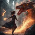 Beautiful sorceress girl running away from dragon, Gothic and Fantasy, Stunning, Digital Painting, Cinematic Lighting, Sharp Focus