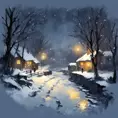 Tee shirt design Snowy midnight scene in winter. impressionist style, Matte Painting