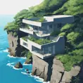 Grey concrete structure on a cliff, coastal view, contemporary, high contrast, cell shading, strong shadows, vivid hues, azure ocean, lush vegetation, tropical, Contemporary, Digital Painting, Anime, Cozy