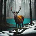 A deer among the trees, forest lake, moss, cold weather, dark teal and amber, Minimalism, Cinematic Lighting