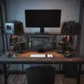 A dark industrial wood desk with many monitors, Photo Realistic, Volumetric light effect, Octane Render, Unreal Engine, Ambient Occlusion, Maximalism, Industrial