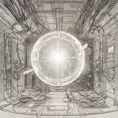 Drawing of a cosmic extraterrestrial technology healing chamber, with many cables connecting the chamber to a large translucent transparent crystal. a body silhouette inside. Ambient aircraft, Cybernatic and Sci-Fi