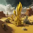 Create a surreal desert with alien plants, the plants are shaped like canary_yellow_perlwhite,are partially transparent with tentacles and spines, in the sand laying pearls,  backdrop is the storm of cosmic dust and cosmic clouds the heaven is dark colored unreal engine 6 color palette knives painting oel on canvas conzeptart , high qualty, cinema_stil, wide shot, Vibrant Colors