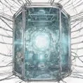 Drawing of a cosmic extraterrestrial technology healing chamber, with many cables connecting the chamber to a large translucent transparent crystal. a body silhouette inside. Ambient aircraft, Cybernatic and Sci-Fi