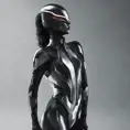 An ultrarealistic photograph of a minimalist futuristic full body power suit, without lights, made of black mate metal and polymer, full crystal hull, for a fit woman, 8k, Dystopian, Minimalism, Elegant