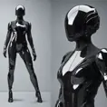 An ultrarealistic photograph of a minimalist futuristic full body power suit, without lights, made of black mate metal and polymer, full crystal hull, for a fit woman, 8k, Dystopian, Minimalism, Elegant