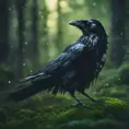 Raven in a green magical forest, Highly Detailed, Bokeh effect, Sharp Focus, Volumetric Lighting, Fantasy by Stefan Kostic