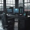 A dark industrial desk from the future with many monitors, Photo Realistic, Volumetric light effect, Octane Render, Unreal Engine, Ambient Occlusion, Maximalism, Industrial by Stanley Artgerm Lau