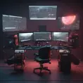 A dark industrial desk from the future with many monitors, Photo Realistic, Volumetric light effect, Octane Render, Unreal Engine, Ambient Occlusion, Maximalism, Industrial by Beeple