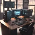 A dark industrial desk from the future with many monitors, Photo Realistic, Volumetric light effect, Octane Render, Unreal Engine, Ambient Occlusion, Maximalism, Industrial by Stanley Artgerm Lau