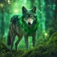 Wolf in a green magical forest, Highly Detailed, Bokeh effect, Sharp Focus, Volumetric Lighting, Fantasy by Stefan Kostic