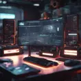 A dark industrial desk from the future with many monitors, Photo Realistic, Volumetric light effect, Octane Render, Unreal Engine, Ambient Occlusion, Maximalism, Industrial by Beeple