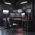 A dark industrial desk from the future with many monitors, Photo Realistic, Volumetric light effect, Octane Render, Unreal Engine, Ambient Occlusion, Maximalism, Industrial by WLOP