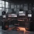 A dark industrial desk from the future with many monitors, Photo Realistic, Volumetric light effect, Octane Render, Unreal Engine, Ambient Occlusion, Maximalism, Industrial by Stanley Artgerm Lau